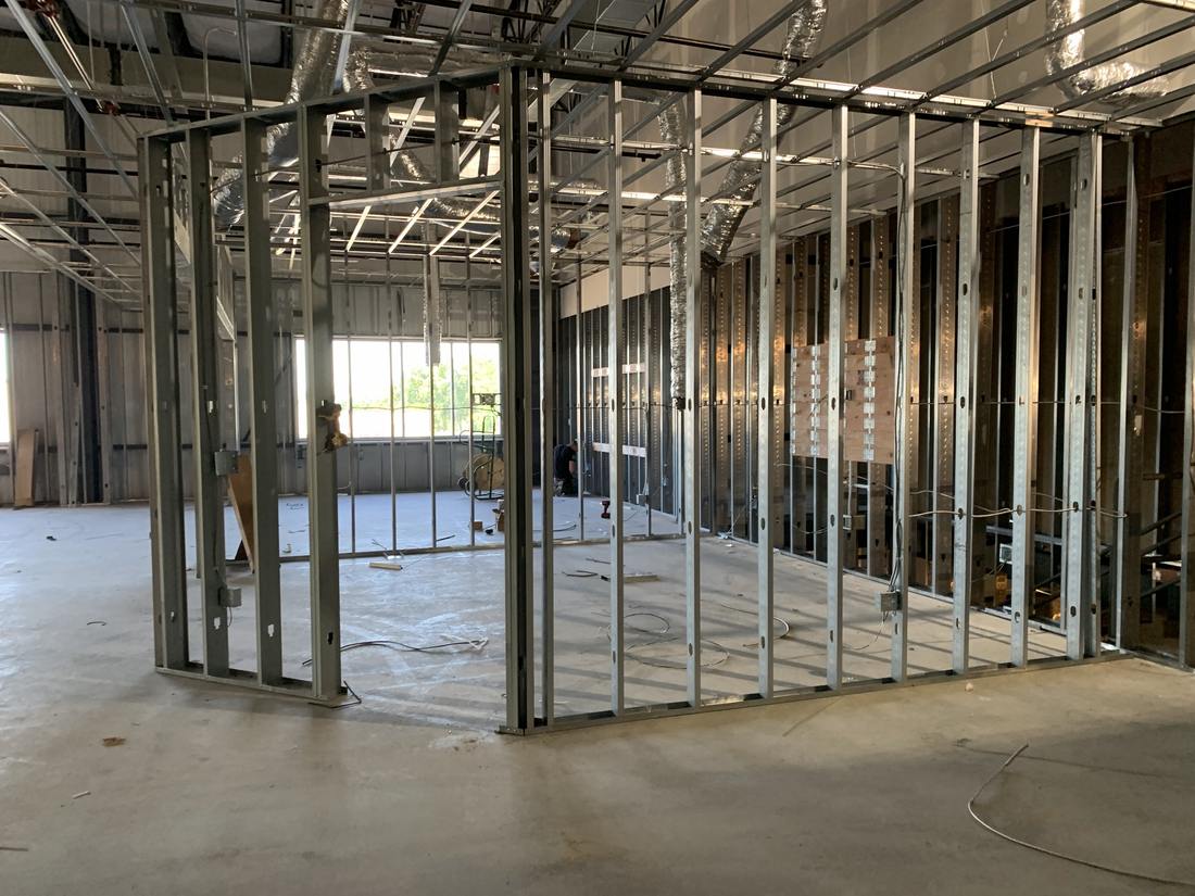 Metal stud framing laid out for office partitions