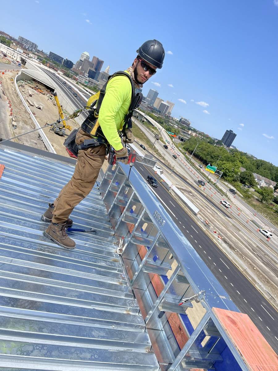 Skytall crew setting metal deck above the Columbus interchange